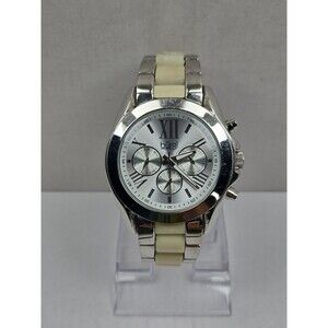 Burgi Womens 45mm Silver Beige Horn Resin Day Date Bracelet Watch New Battery